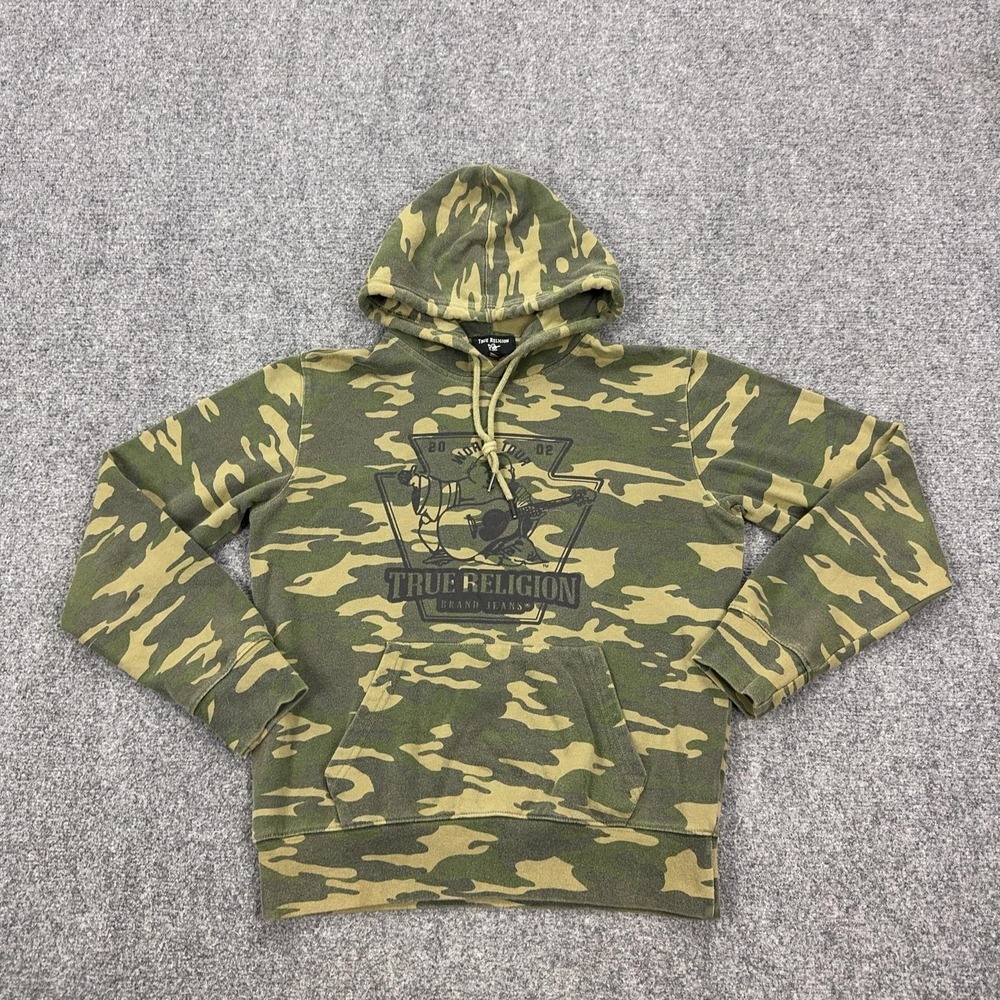 True Religion Hoodie Mens Small Green Camo Pullover Sweatshirt Buddha Logo